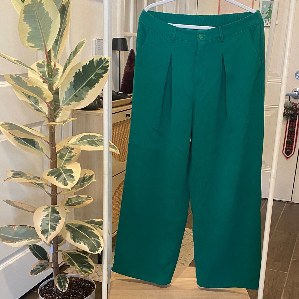 Wide-Leg Pleated Trousers in Emerald Green